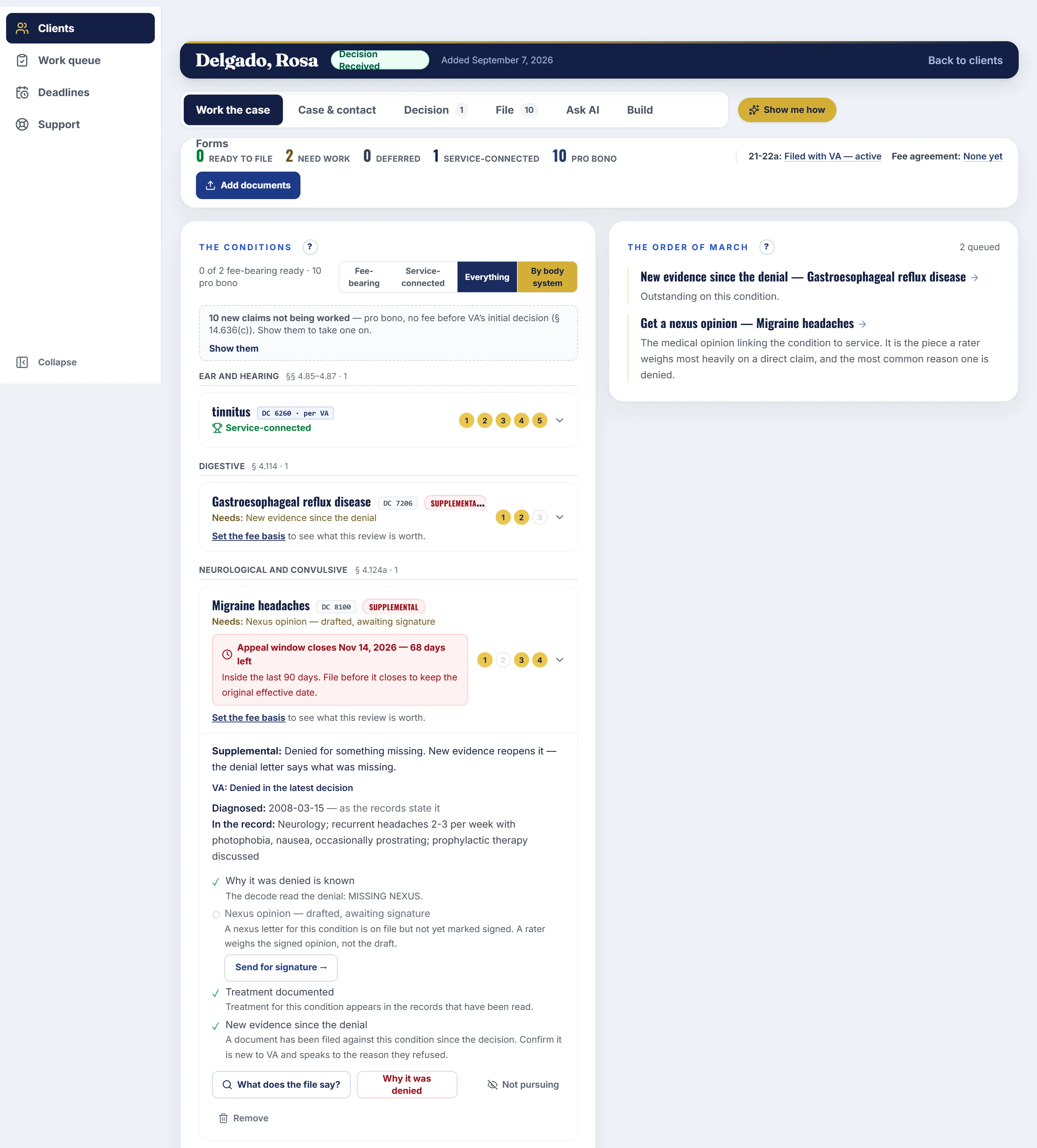 One veteran’s case in Commander for Advocates: the conditions grouped by body system, one condition opened with its lane, diagnosis date, checklist and next actions, and the order of march beside it
